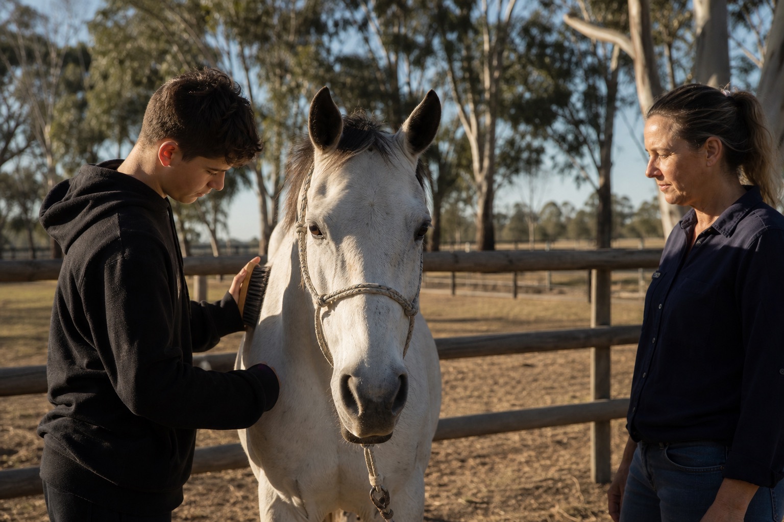 A young person leading a horse past the new learning centre at Hunter Equine Learning near Maitland
